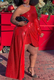 Red Sexy Solid Split Joint One Shoulder Irregular Dress Plus Size Dresses