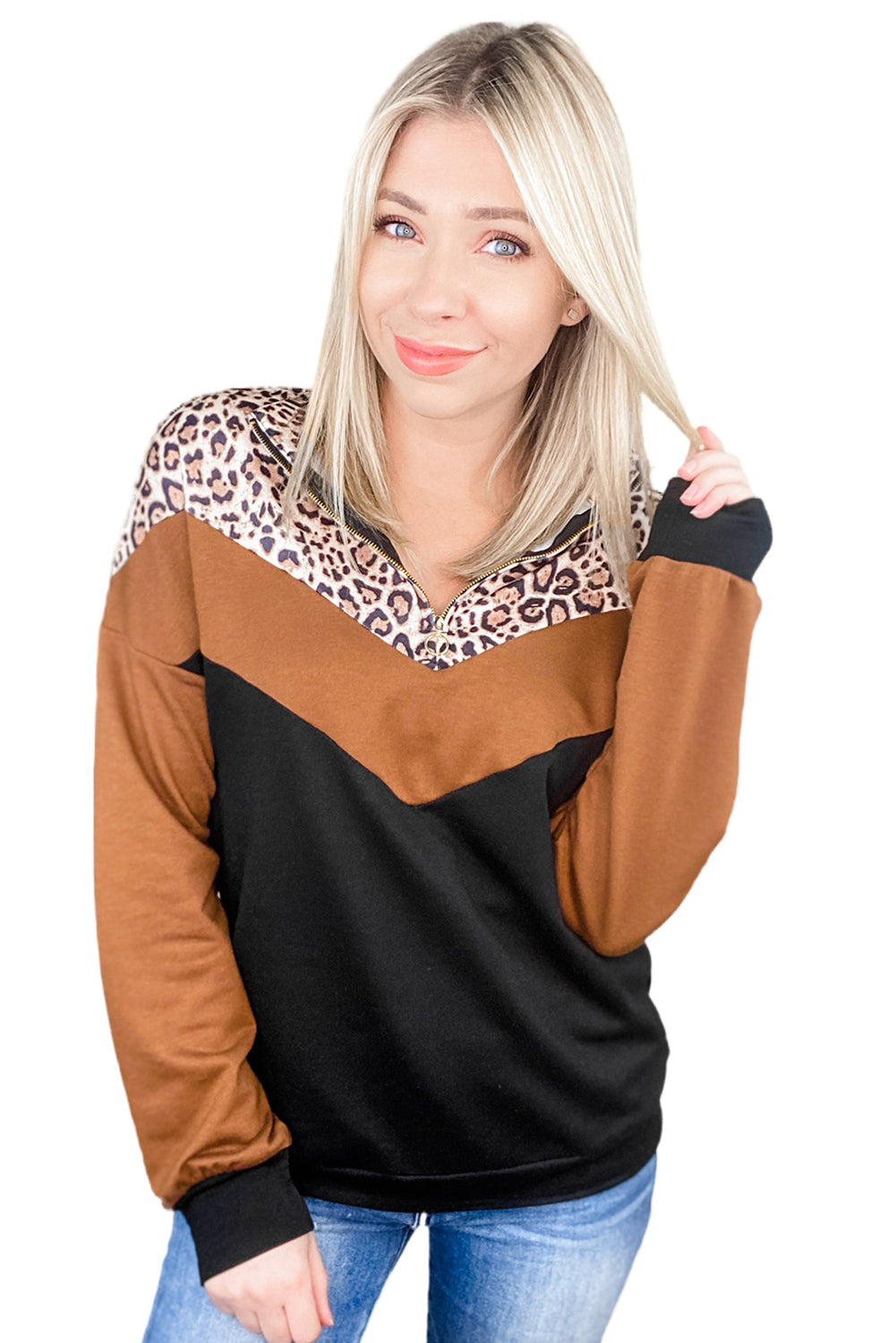 Chevron Leopard Colorblock Quarter Zip Sweatshirt