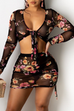 Black Sexy Print Split Joint V Neck Long Sleeve Two Pieces