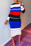 Blue Casual Striped Print Split Joint O Neck Pencil Skirt Dresses