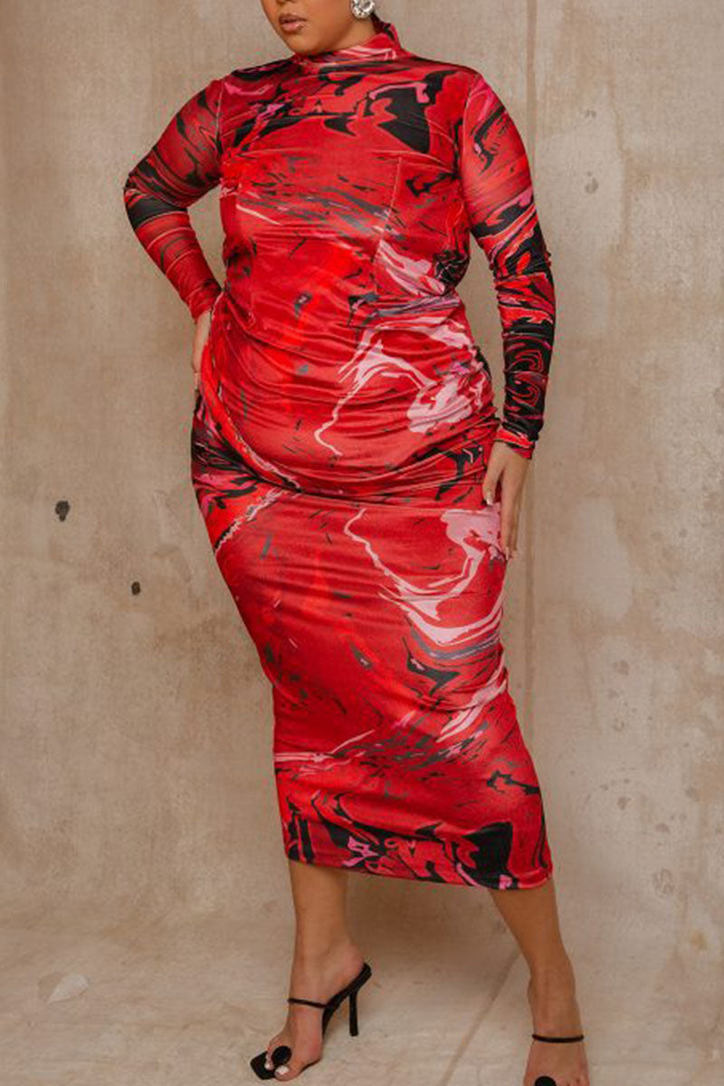 Red Sexy Print Split Joint Backless Half A Turtleneck Pencil Skirt Plus Size Dresses