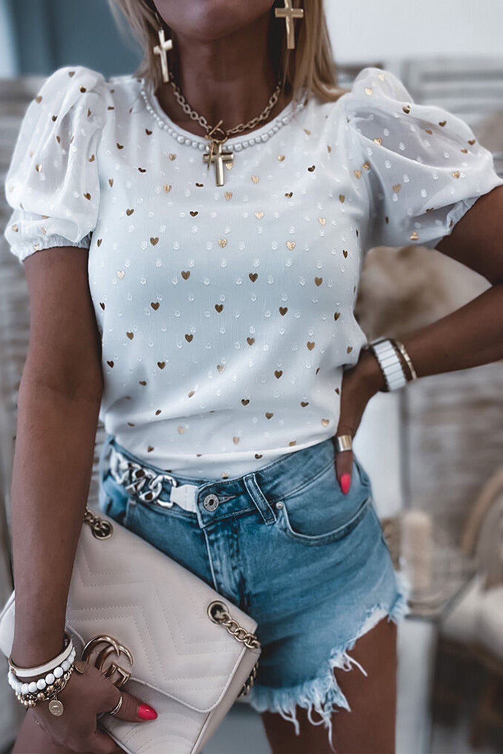 Dotted Heart Print Puff Sleeve Top