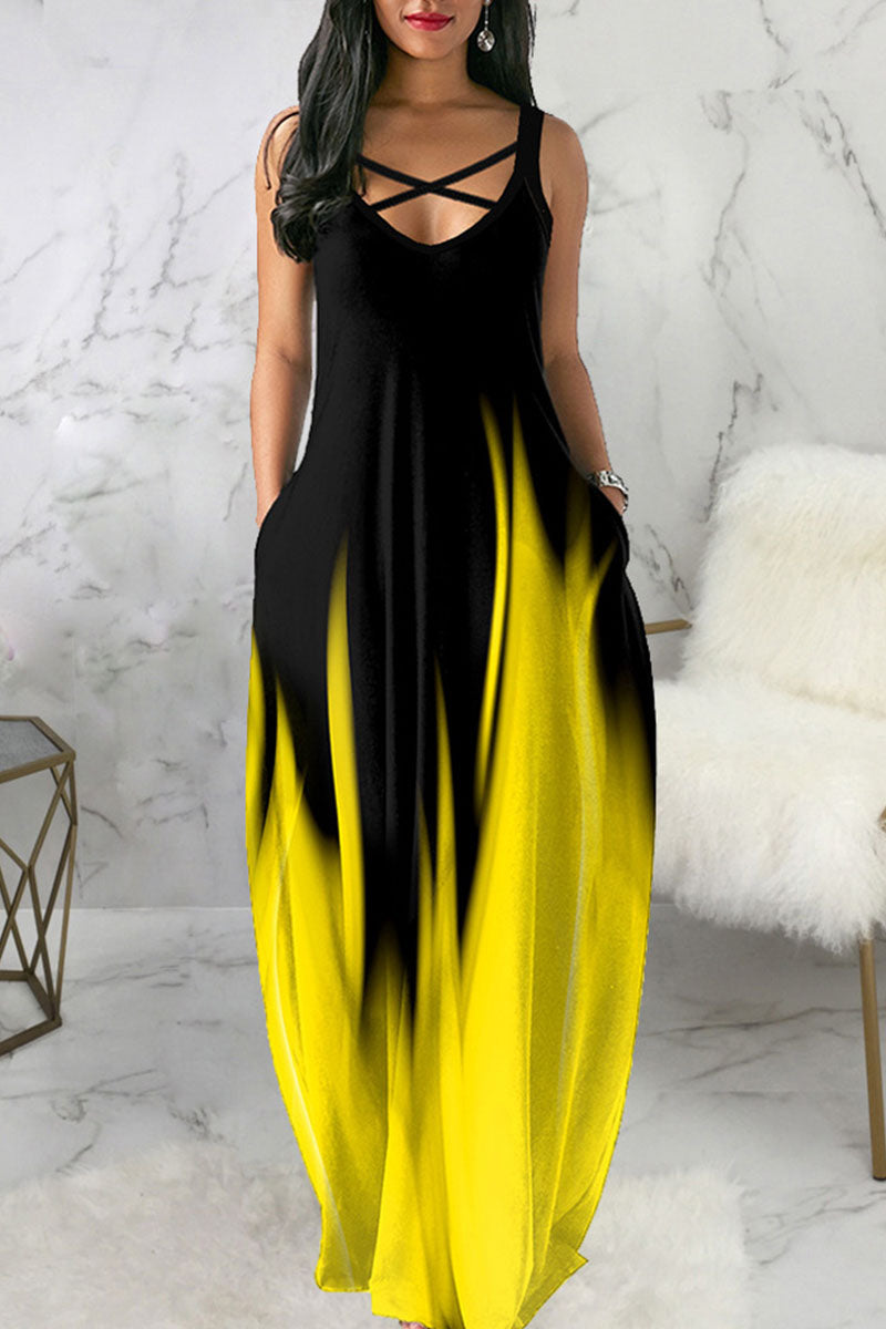 Black Yellow Sexy Gradual Change Print Split Joint U Neck Sling Dress Dresses