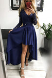 Dark Blue V-neck Lace Backless High and Low Hem Evening Dress