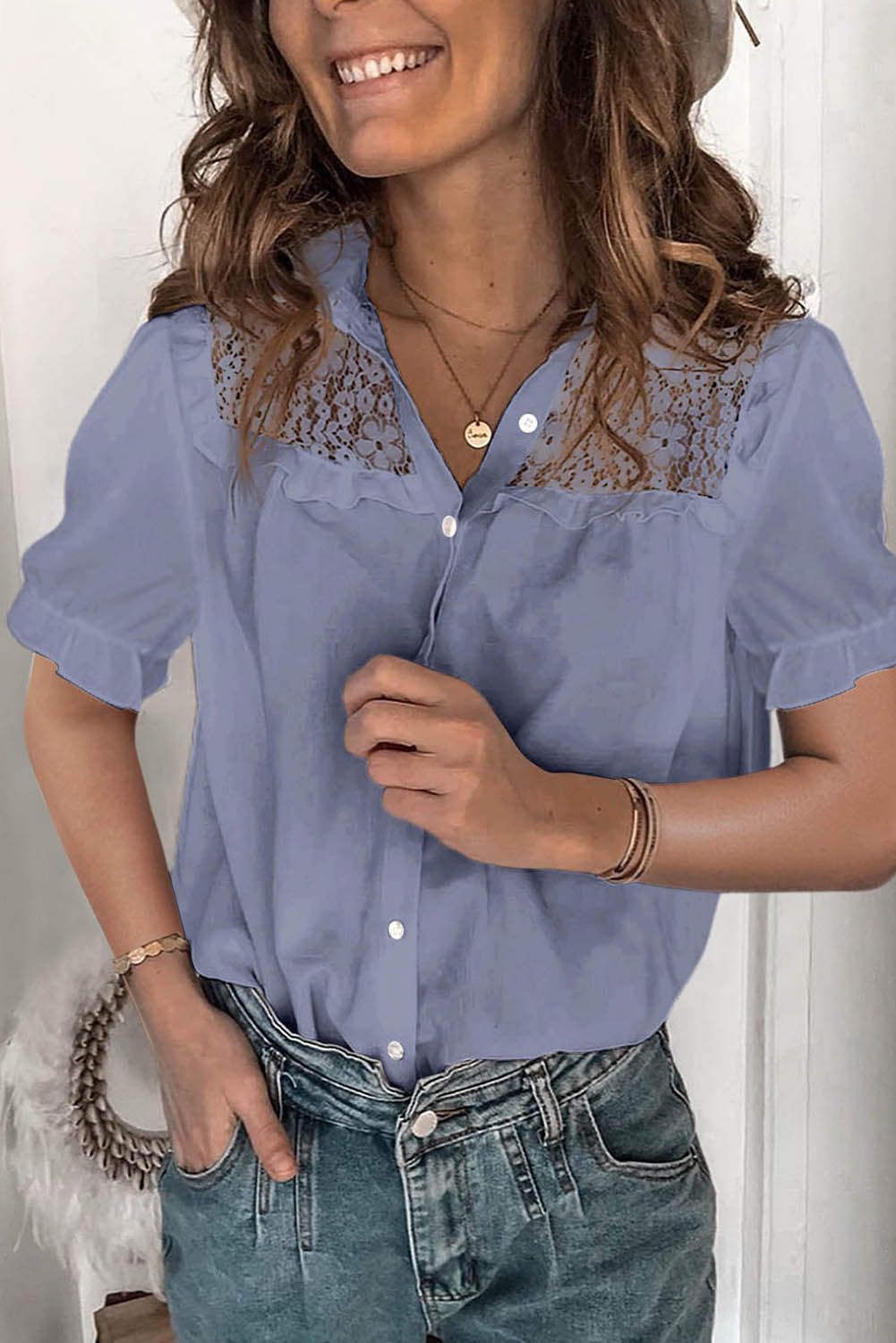Casual Lace Patchwork Short Sleeve Shirt