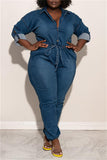 Dark Blue Fashion Casual Solid Hollowed Out Split Joint Chains Turndown Collar Plus Size Jumpsuits