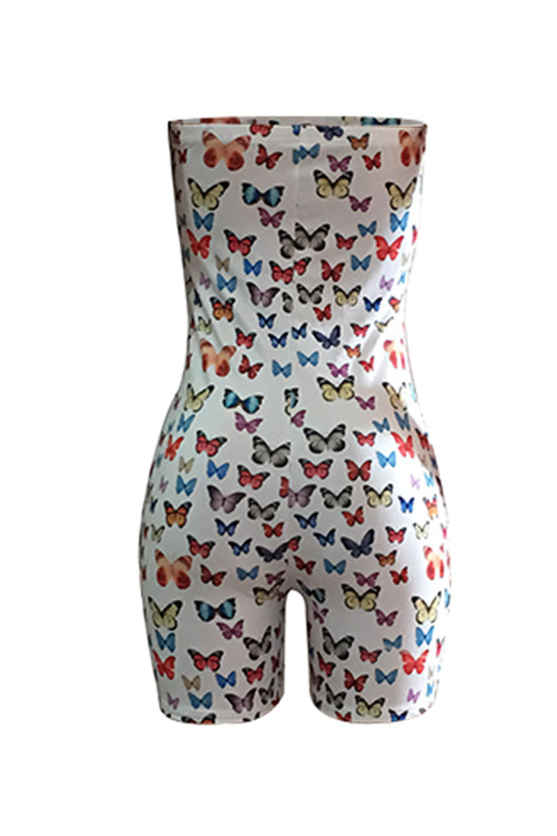 White Sexy Butterfly Print Split Joint Strapless Skinny Jumpsuits