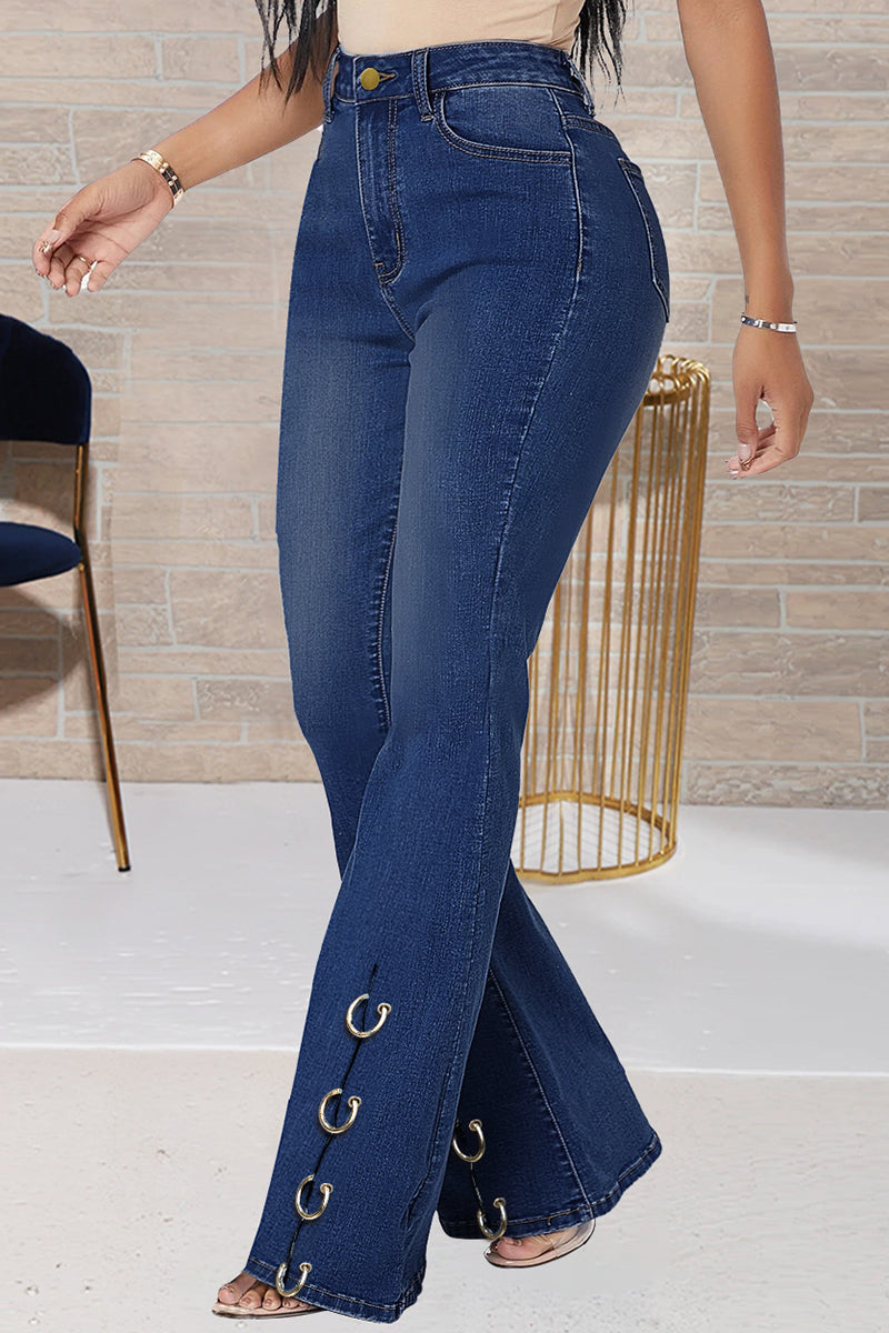 Dark Blue Fashion Casual Solid Split Joint High Waist Boot Cut Jeans