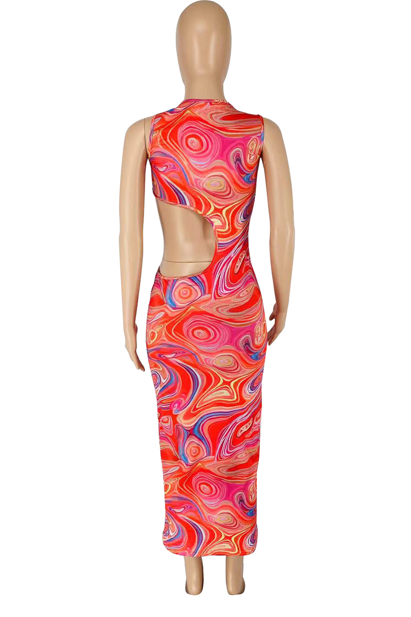 Pink Sexy Print Hollowed Out O Neck Pencil Skirt Dresses