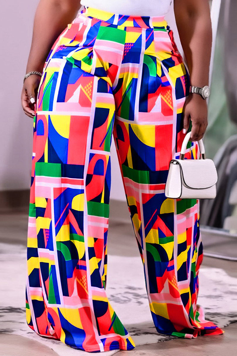 Multicolor Fashion Casual Print Basic Regular High Waist Wide Leg Trousers