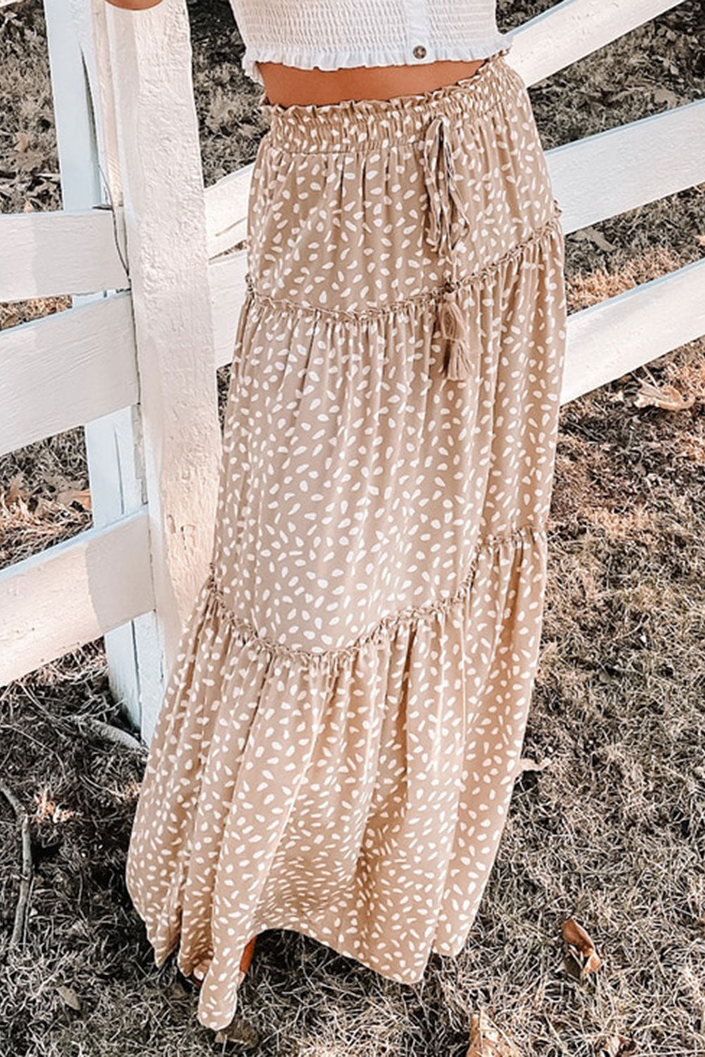 Smocked Ruffled Tiered Spots High Waist Maxi Skirt
