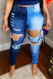 Blue Fashion Casual Patchwork Ripped Plus Size Jeans