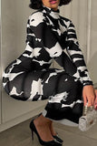 Black Fashion Casual Plus Size Print Basic Turtleneck Long Sleeve Dresses