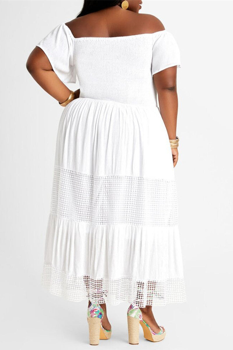 White Fashion Casual Plus Size Solid Backless Off the Shoulder Short Sleeve Dress