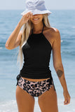 Halter Neck Side Shirring Top and Leopard Panty Tankini Set