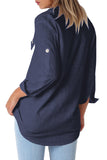 Navy Blue Buttoned Pockets Shawl Collar Linen Blouse