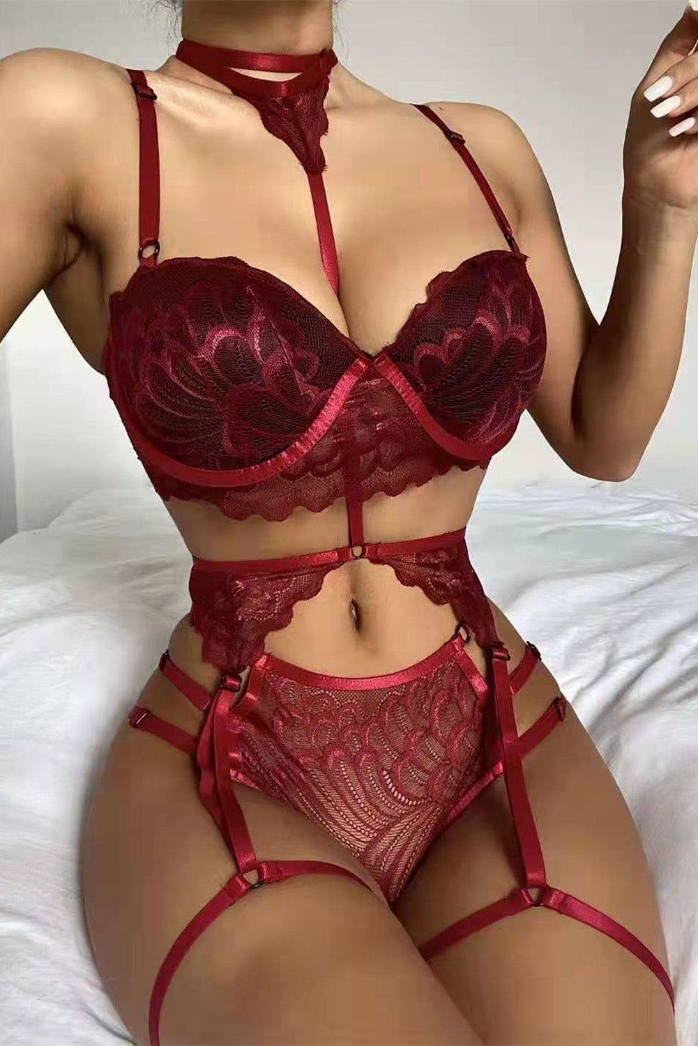 Wine Red Strappy Lace Adjustable Lingerie Set