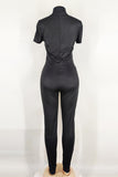 Black Casual Sportswear Solid Split Joint Zipper Collar Skinny Jumpsuits