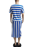 Blue Casual Striped Print Split Joint Asymmetrical Off the Shoulder Short Sleeve Two Pieces