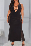 Sexy Solid Hollowed Out Mesh V Neck Pencil Skirt Plus Size Dresses