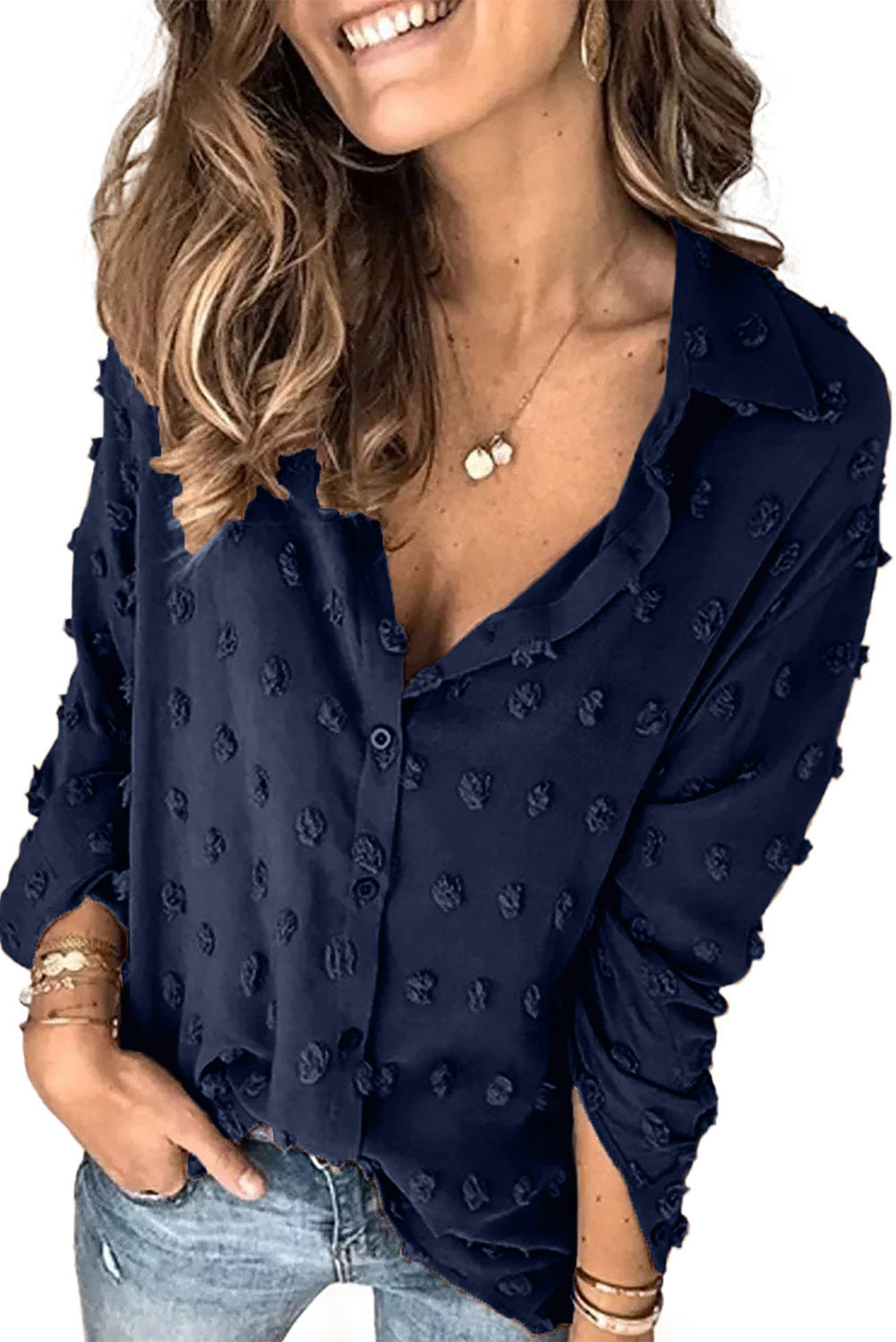 Long Sleeve Button Fuzzy Polka Dot Shirt