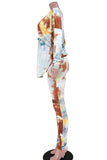Brownness Casual Print Tie Dye Split Joint Backless Knotted O Neck Long Sleeve Two Pieces