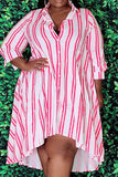 Pink Casual Striped Print Split Joint Buckle Turndown Collar Shirt Dress Plus Size Dresses