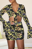 Dark Blue Sexy Print Split Joint V Neck Long Sleeve Two Pieces