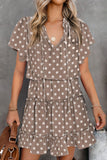 Khaki Dotted Print Split Neck Flutter Sleeve Flowy Tunic Mini Dress