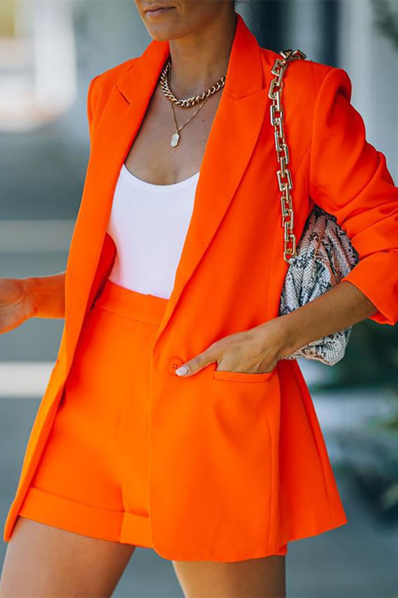 Orange Fashion Casual Solid Cardigan Two Lapel Two Pieces