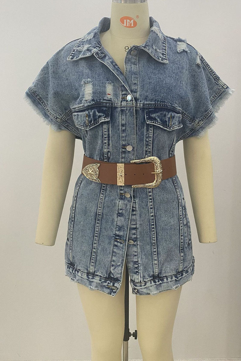 The cowboy blue Street Solid Ripped Split Joint Buckle With Belt Loose Denim Jacket (With Belt)