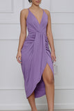 Purple Elegant Solid Split Joint Fold Asymmetrical Spaghetti Strap Sling Dress Dresses