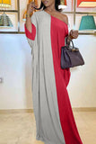 Grey Fashion Casual Patchwork Basic Oblique Collar Long Sleeve Dresses