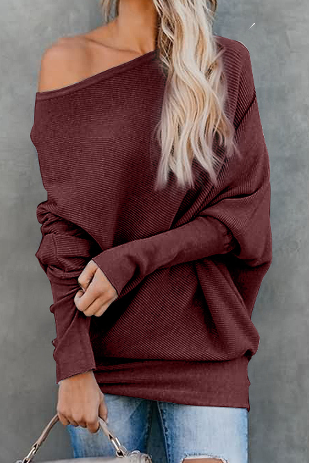 Wine Slouchy One Shoulder Dolman Sleeves Ribbed Sweater