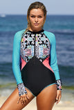 Long Sleeve Zip UV Protection Print Surfing Swimsuit