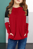 Striped Colorblock Long Sleeve Girls Blouse with Pocket