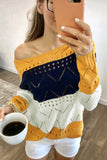 Round Neck Side Slit Pointelle Color Block Sweater