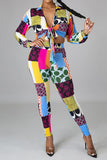 Multicolor Sexy Print Bandage Split Joint V Neck Long Sleeve Two Pieces