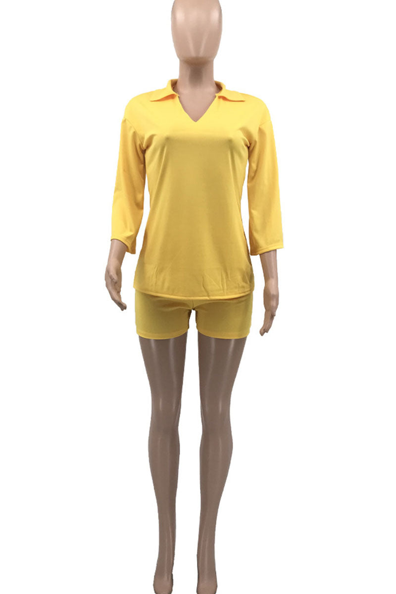 Yellow Casual Solid Split Joint Turtleneck Three Quarter Two Pieces