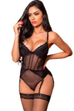Lace Mesh Patchwork Back Hollow-out Teddy with Garter Belt