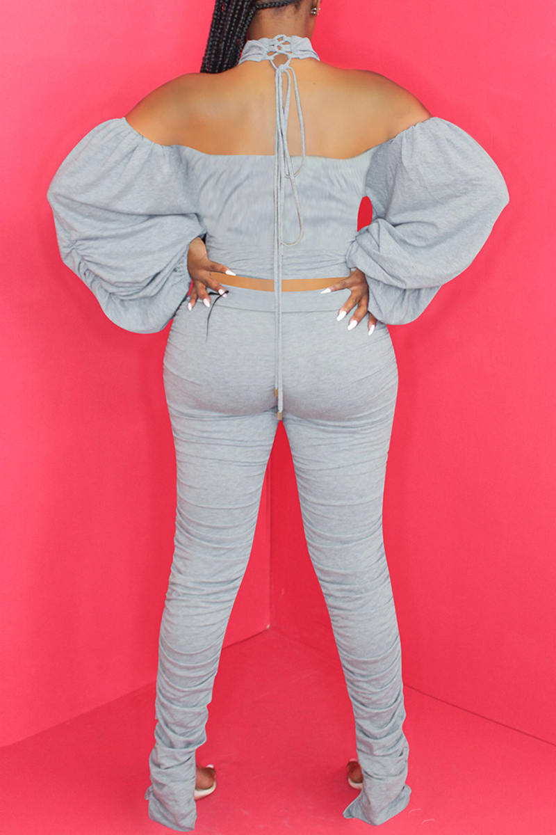 Grey Sexy Solid Split Joint Off the Shoulder Long Sleeve Two Pieces