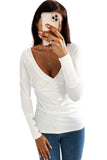 V Neck Ribbed Textured Pleated Top with Buttoned Long Sleeves