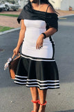 White Casual Striped Print Split Joint Flounce Off the Shoulder Straight Dresses