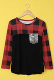 plaid long sleeve tee with sequin pocket