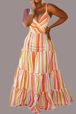 Colour Casual Striped Split Joint Off the Shoulder Cake Skirt Plus Size Dresses