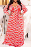 Black And White Fashion Casual Plus Size Print With Belt V Neck Long Sleeve Dresses