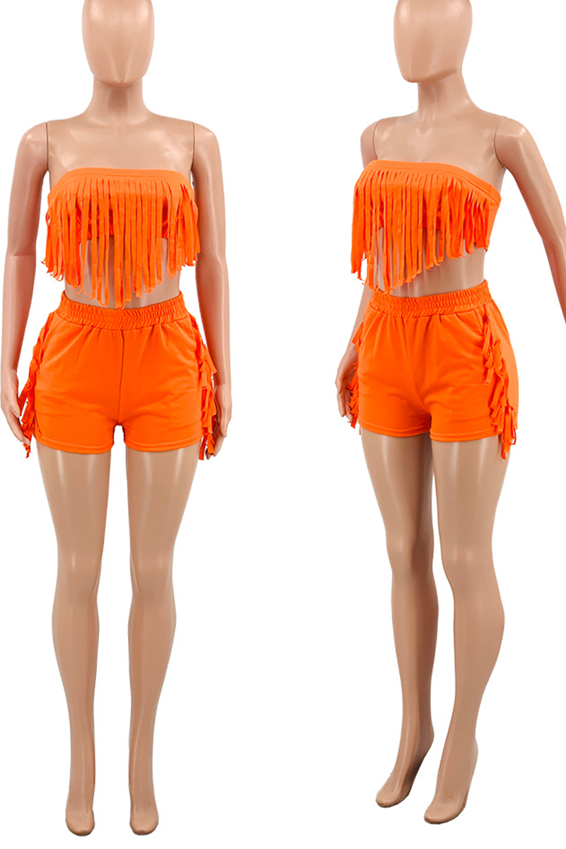 Tangerine Red Sexy Solid Tassel Strapless Sleeveless Two Pieces