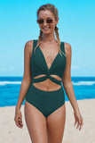 Turquoise Twisted Ruched Hollow Out One-piece Swimwear