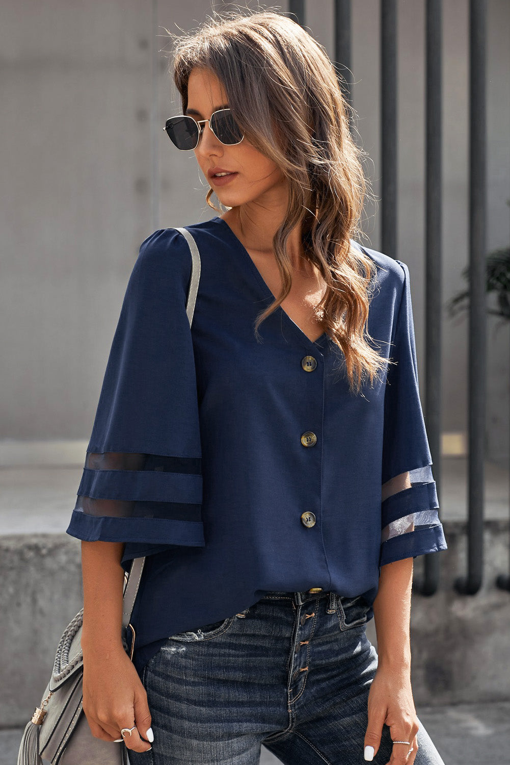 Navy Blue Flare Sleeve V Neck Button Down Blouse