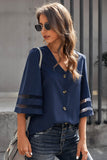 Navy Blue Flare Sleeve V Neck Button Down Blouse